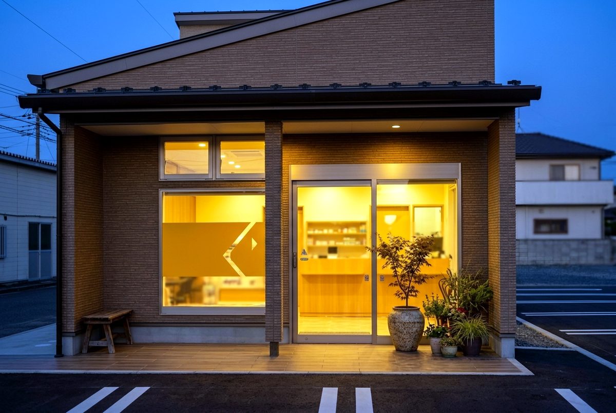 夕方、あたたかな灯りがともる薬局の入口