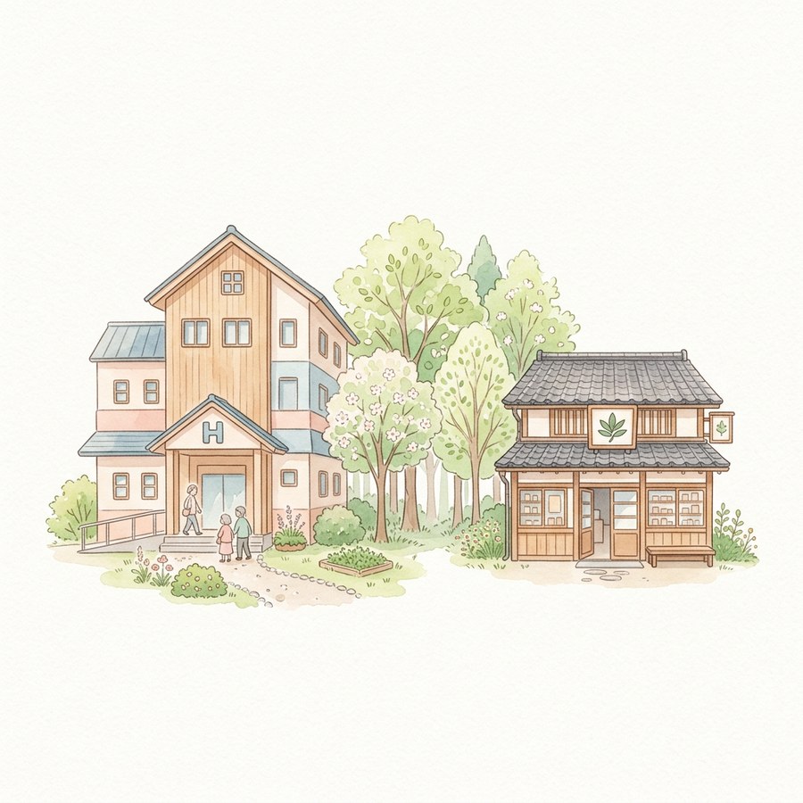 病院と薬局のあたたかな水彩イラスト