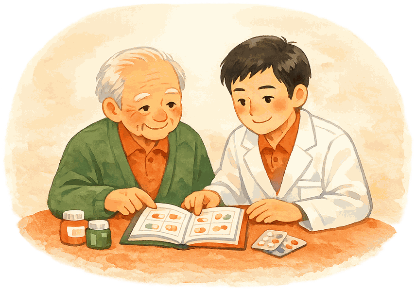 お薬手帳を一緒に見ながら相談する、薬剤師と患者さんのイラスト