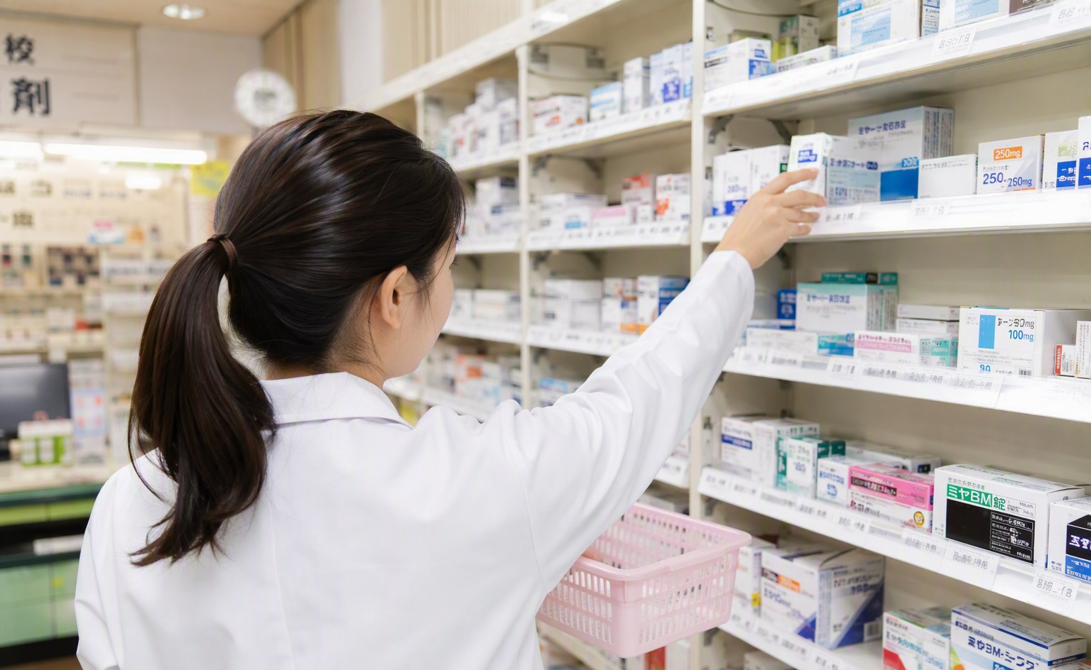 薬の棚の前でピッキングをする薬剤師