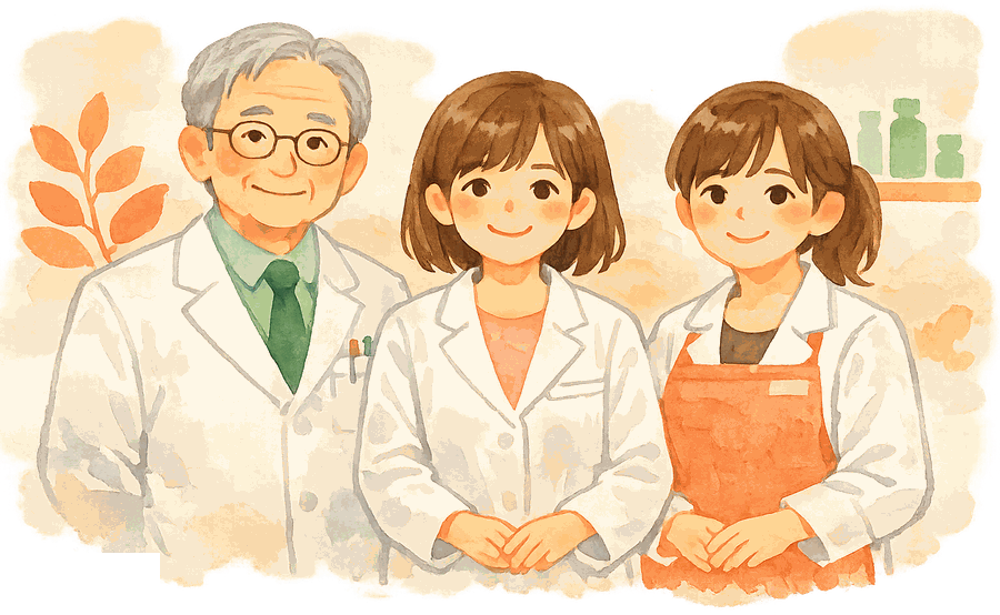 白衣を着た薬局スタッフ3人のあたたかなイラスト